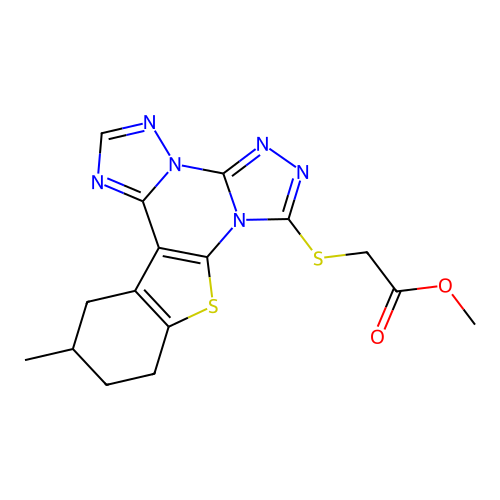 methyl [(12-methyl-10,11,12,13-tetrahydro[1]benzothieno[3,2-e]bis[1,2,4]triazolo[4,3-a:1',5'-c]pyrimidin-7-yl)sulfanyl]acetate structure