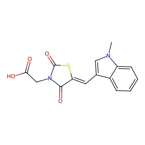 2-[(5Z)-5-[(1-methylindol-3-yl)methylidene]-2,4-dioxo-1,3-thiazolidin-3-yl]acetic acid structure