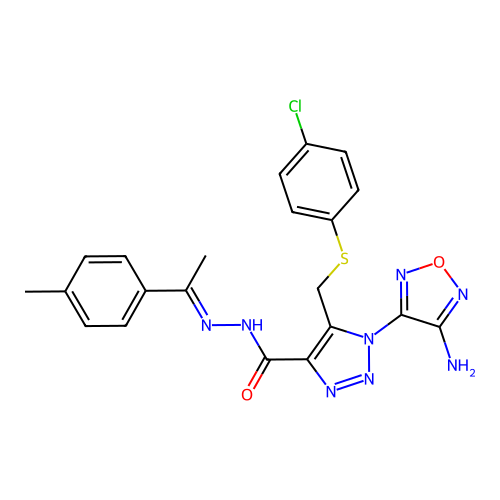 (E)-1-(4-amino-1,2,5-oxadiazol-3-yl)-5-(((4-chlorophenyl)thio)methyl)-N'-(1-(p-tolyl)ethylidene)-1H-1,2,3-triazole-4-carbohydrazide structure
