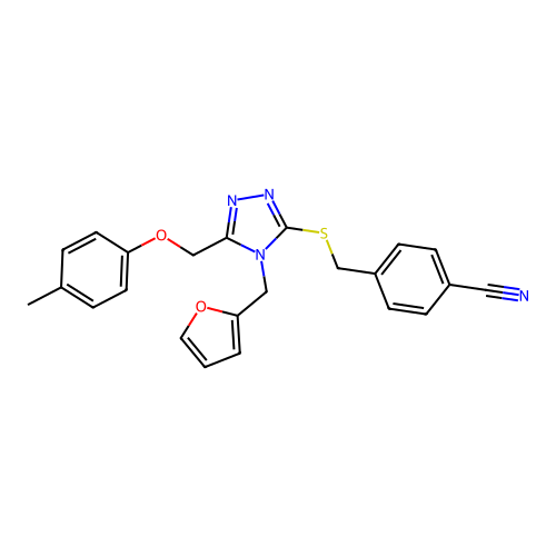 4-(((4-(furan-2-ylmethyl)-5-((p-tolyloxy)methyl)-4H-1,2,4-triazol-3-yl)thio)methyl)benzonitrile structure