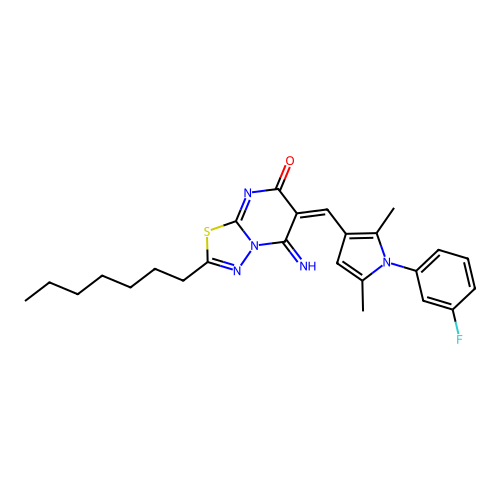 (6E)-6-[[1-(3-fluorophenyl)-2,5-dimethylpyrrol-3-yl]methylidene]-2-heptyl-5-imino-[1,3,4]thiadiazolo[3,2-a]pyrimidin-7-one structure