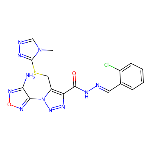 (E)-1-(4-amino-1,2,5-oxadiazol-3-yl)-N'-(2-chlorobenzylidene)-5-(((4-methyl-4H-1,2,4-triazol-3-yl)thio)methyl)-1H-1,2,3-triazole-4-carbohydrazide structure