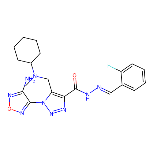 (E)-1-(4-amino-1,2,5-oxadiazol-3-yl)-5-((cyclohexyl(methyl)amino)methyl)-N'-(2-fluorobenzylidene)-1H-1,2,3-triazole-4-carbohydrazide structure