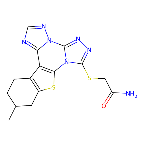 2-((11-methyl-10,11,12,13-tetrahydrobenzo[4,5]thieno[3,2-e]bis([1,2,4]triazolo)[4,3-a:1',5'-c]pyrimidin-7-yl)thio)acetamide structure