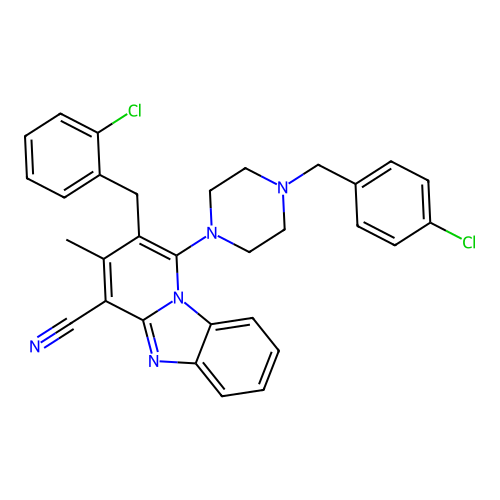 2-(2-chlorobenzyl)-1-(4-(4-chlorobenzyl)piperazin-1-yl)-3-methylbenzo[4,5]imidazo[1,2-a]pyridine-4-carbonitrile structure