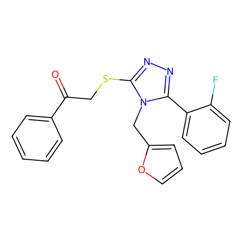2-((5-(2-fluorophenyl)-4-(furan-2-ylmethyl)-4H-1,2,4-triazol-3-yl)thio)-1-phenylethanone structure