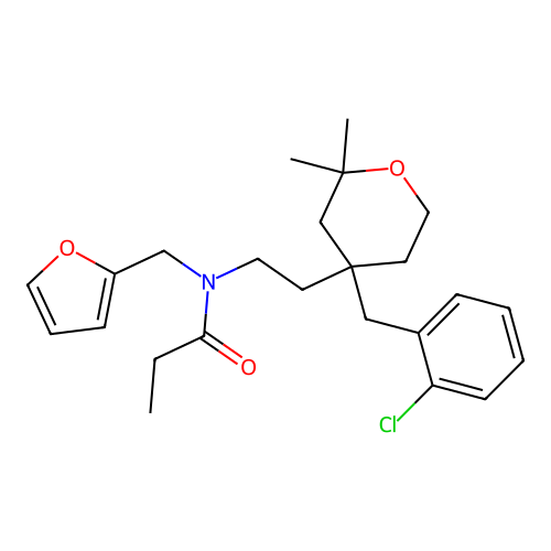 N-(2-(4-(2-chlorobenzyl)-2,2-dimethyltetrahydro-2H-pyran-4-yl)ethyl)-N-(furan-2-ylmethyl)propionamide structure