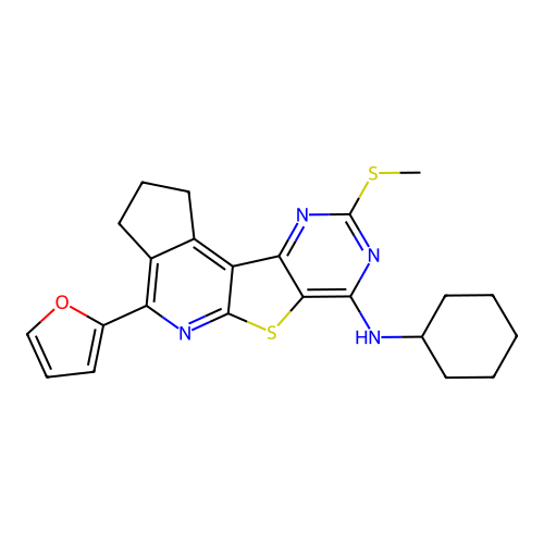 N-cyclohexyl-4-(furan-2-yl)-9-(methylsulfanyl)-2,3-dihydro-1H-cyclopenta[4',5']pyrido[3',2':4,5]thieno[3,2-d]pyrimidin-7-amine structure