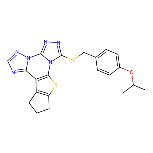 7-((4-isopropoxybenzyl)thio)-11,12-dihydro-10H-cyclopenta[4,5]thieno[3,2-e]bis([1,2,4]triazolo)[4,3-a:1',5'-c]pyrimidine structure