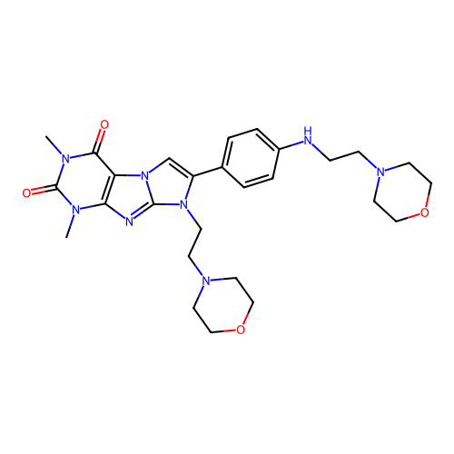 1,3-dimethyl-8-(2-morpholinoethyl)-7-(4-((2-morpholinoethyl)amino)phenyl)-1H-imidazo[2,1-f]purine-2,4(3H,8H)-dione structure