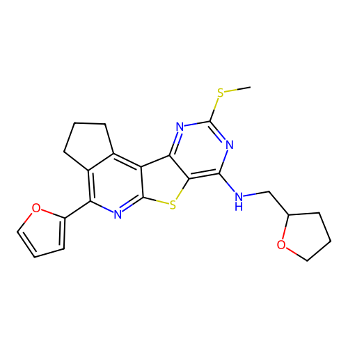 4-(furan-2-yl)-9-(methylsulfanyl)-N-(tetrahydrofuran-2-ylmethyl)-2,3-dihydro-1H-cyclopenta[4',5']pyrido[3',2':4,5]thieno[3,2-d]pyrimidin-7-amine structure