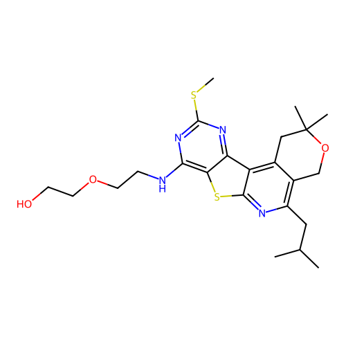 2-(2-((5-isobutyl-2,2-dimethyl-10-(methylthio)-2,4-dihydro-1H-pyrano[4'',3'':4',5']pyrido[3',2':4,5]thieno[3,2-d]pyrimidin-8-yl)amino)ethoxy)ethanol structure