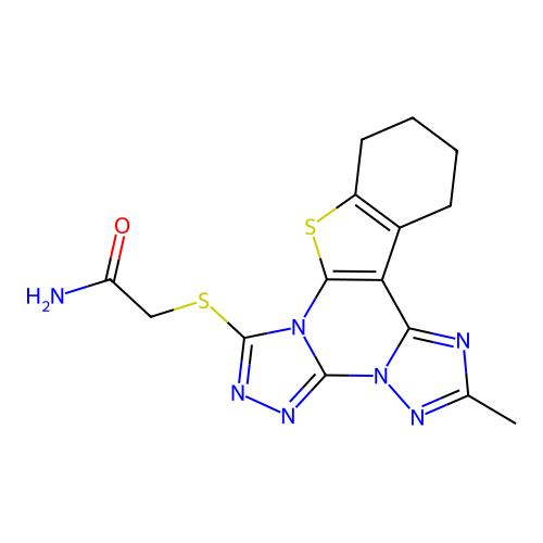 2-((2-methyl-10,11,12,13-tetrahydrobenzo[4,5]thieno[3,2-e]bis([1,2,4]triazolo)[4,3-a:1',5'-c]pyrimidin-7-yl)thio)acetamide structure