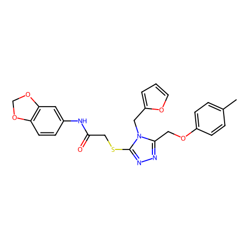 N-(1,3-benzodioxol-5-yl)-2-({4-(furan-2-ylmethyl)-5-[(4-methylphenoxy)methyl]-4H-1,2,4-triazol-3-yl}sulfanyl)acetamide structure