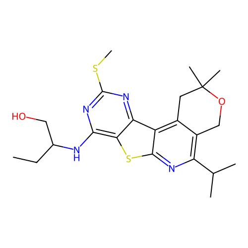 2-((5-isopropyl-2,2-dimethyl-10-(methylthio)-2,4-dihydro-1H-pyrano[4'',3'':4',5']pyrido[3',2':4,5]thieno[3,2-d]pyrimidin-8-yl)amino)butan-1-ol structure