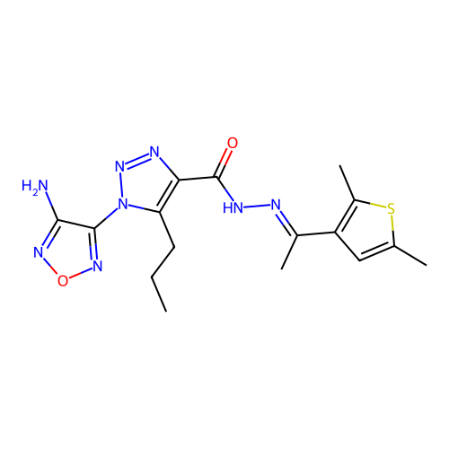 (E)-1-(4-amino-1,2,5-oxadiazol-3-yl)-N'-(1-(2,5-dimethylthiophen-3-yl)ethylidene)-5-propyl-1H-1,2,3-triazole-4-carbohydrazide structure