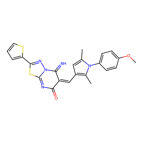 (E)-5-imino-6-((1-(4-methoxyphenyl)-2,5-dimethyl-1H-pyrrol-3-yl)methylene)-2-(thiophen-2-yl)-5H-[1,3,4]thiadiazolo[3,2-a]pyrimidin-7(6H)-one structure