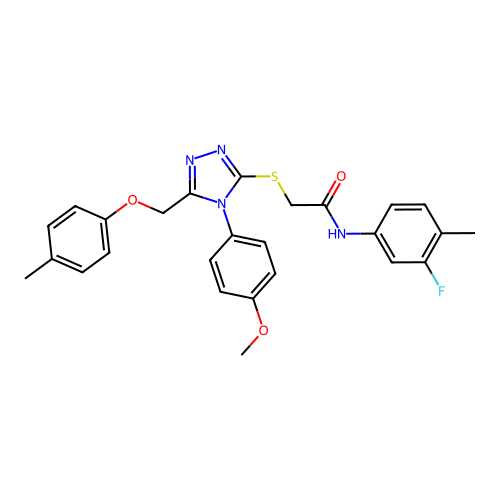 N-(3-fluoro-4-methylphenyl)-2-((4-(4-methoxyphenyl)-5-((p-tolyloxy)methyl)-4H-1,2,4-triazol-3-yl)thio)acetamide structure