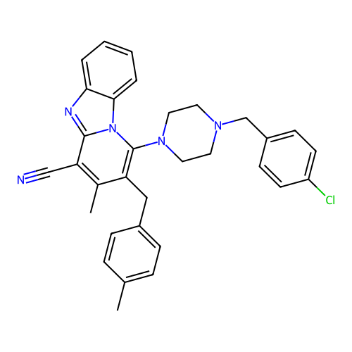 1-(4-(4-chlorobenzyl)piperazin-1-yl)-3-methyl-2-(4-methylbenzyl)benzo[4,5]imidazo[1,2-a]pyridine-4-carbonitrile structure