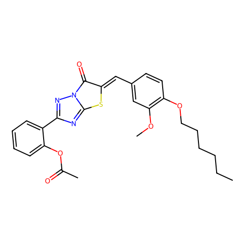 2-{(5Z)-5-[4-(hexyloxy)-3-methoxybenzylidene]-6-oxo-5,6-dihydro[1,3]thiazolo[3,2-b][1,2,4]triazol-2-yl}phenyl acetate structure