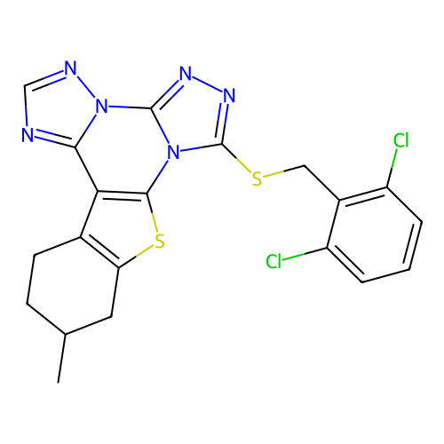 7-((2,6-dichlorobenzyl)thio)-11-methyl-10,11,12,13-tetrahydrobenzo[4,5]thieno[3,2-e]bis([1,2,4]triazolo)[4,3-a:1',5'-c]pyrimidine structure