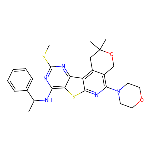 2,2-dimethyl-10-(methylsulfanyl)-5-(morpholin-4-yl)-N-(1-phenylethyl)-1,4-dihydro-2H-pyrano[4'',3'':4',5']pyrido[3',2':4,5]thieno[3,2-d]pyrimidin-8-amine structure