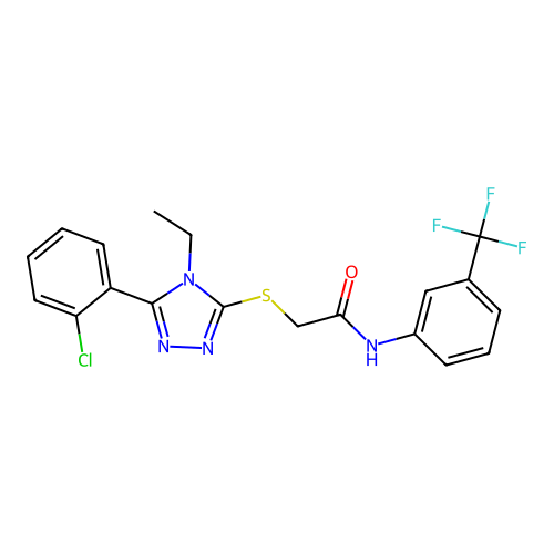 2-[[5-(2-chlorophenyl)-4-ethyl-1,2,4-triazol-3-yl]sulfanyl]-N-[3-(trifluoromethyl)phenyl]acetamide structure