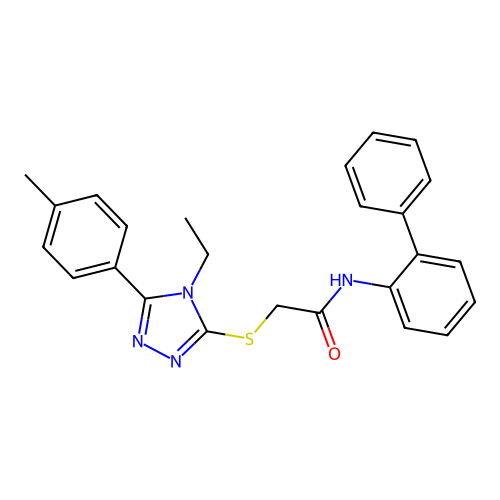 2-[[4-ethyl-5-(4-methylphenyl)-1,2,4-triazol-3-yl]sulfanyl]-N-(2-phenylphenyl)acetamide structure