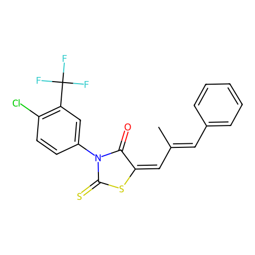 (5E)-3-[4-chloro-3-(trifluoromethyl)phenyl]-5-[(2E)-2-methyl-3-phenylprop-2-en-1-ylidene]-2-thioxo-1,3-thiazolidin-4-one structure