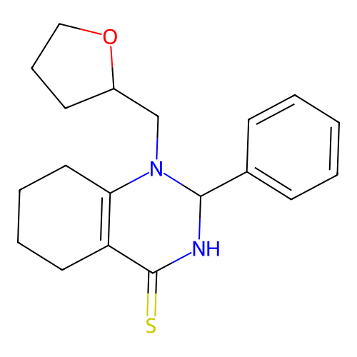 1-(oxolan-2-ylmethyl)-2-phenyl-2,3,5,6,7,8-hexahydroquinazoline-4-thione structure