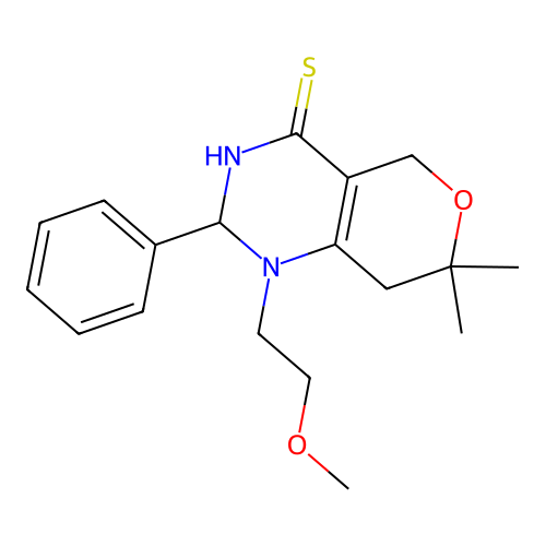 1-(2-methoxyethyl)-7,7-dimethyl-2-phenyl-1,2,3,5,7,8-hexahydro-4H-pyrano[4,3-d]pyrimidine-4-thione structure