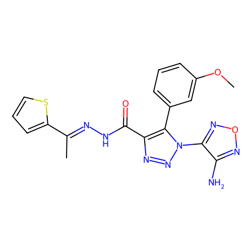 (E)-1-(4-amino-1,2,5-oxadiazol-3-yl)-5-(3-methoxyphenyl)-N'-(1-(thiophen-2-yl)ethylidene)-1H-1,2,3-triazole-4-carbohydrazide structure