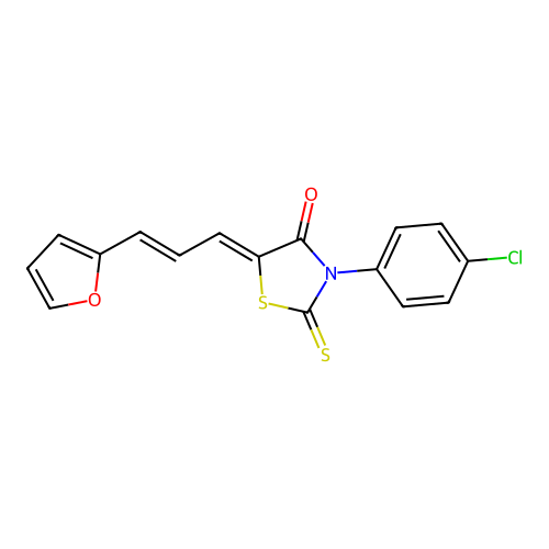 (Z)-3-(4-chlorophenyl)-5-((E)-3-(furan-2-yl)allylidene)-2-thioxothiazolidin-4-one structure