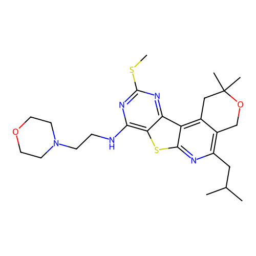 2,2-dimethyl-5-(2-methylpropyl)-10-(methylsulfanyl)-N-[2-(morpholin-4-yl)ethyl]-1,4-dihydro-2H-pyrano[4'',3'':4',5']pyrido[3',2':4,5]thieno[3,2-d]pyrimidin-8-amine structure