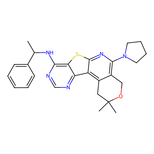 2,2-dimethyl-N-(1-phenylethyl)-5-(pyrrolidin-1-yl)-1,4-dihydro-2H-pyrano[4'',3'':4',5']pyrido[3',2':4,5]thieno[3,2-d]pyrimidin-8-amine structure