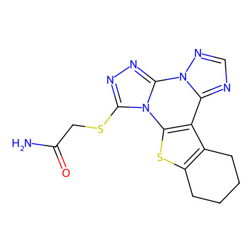 2-((10,11,12,13-tetrahydrobenzo[4,5]thieno[3,2-e]bis([1,2,4]triazolo)[4,3-a:1',5'-c]pyrimidin-7-yl)thio)acetamide structure