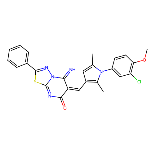 (E)-6-((1-(3-chloro-4-methoxyphenyl)-2,5-dimethyl-1H-pyrrol-3-yl)methylene)-5-imino-2-phenyl-5H-[1,3,4]thiadiazolo[3,2-a]pyrimidin-7(6H)-one structure