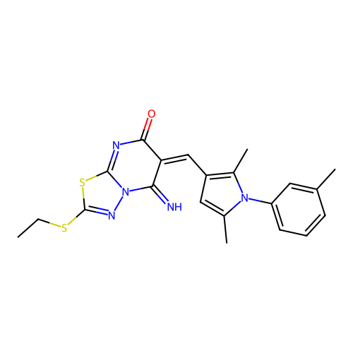 (6E)-6-[[2,5-dimethyl-1-(3-methylphenyl)pyrrol-3-yl]methylidene]-2-ethylsulfanyl-5-imino-[1,3,4]thiadiazolo[3,2-a]pyrimidin-7-one structure