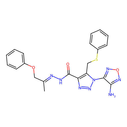 (E)-1-(4-amino-1,2,5-oxadiazol-3-yl)-N'-(1-phenoxypropan-2-ylidene)-5-((phenylthio)methyl)-1H-1,2,3-triazole-4-carbohydrazide structure