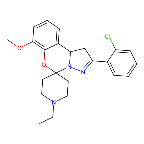 2'-(2-chlorophenyl)-1-ethyl-7'-methoxy-1',10b'-dihydrospiro[piperidine-4,5'-pyrazolo[1,5-c][1,3]benzoxazine] structure