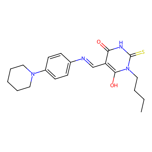 1-butyl-5-[(4-piperidin-1-ylanilino)methylidene]-2-sulfanylidene-1,3-diazinane-4,6-dione structure