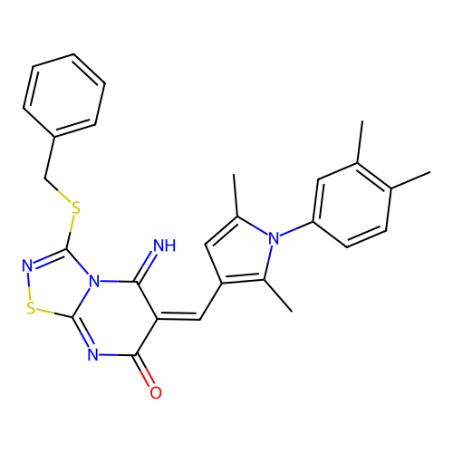 (E)-3-(benzylthio)-6-((1-(3,4-dimethylphenyl)-2,5-dimethyl-1H-pyrrol-3-yl)methylene)-5-imino-5H-[1,2,4]thiadiazolo[4,5-a]pyrimidin-7(6H)-one structure