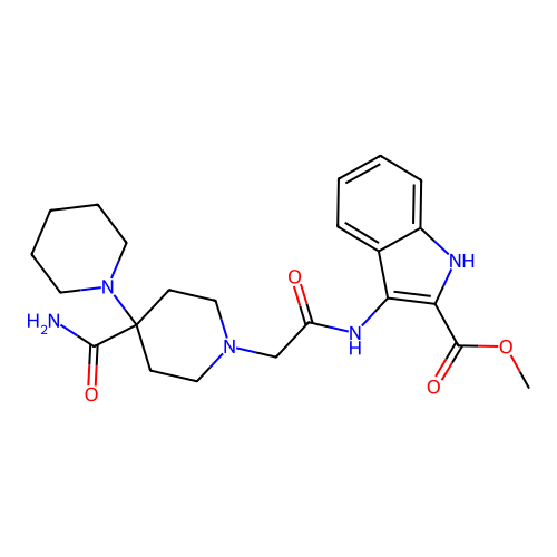 methyl 3-(2-(4'-carbamoyl-[1,4'-bipiperidin]-1'-yl)acetamido)-1H-indole-2-carboxylate structure