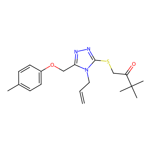 1-((4-allyl-5-((p-tolyloxy)methyl)-4H-1,2,4-triazol-3-yl)thio)-3,3-dimethylbutan-2-one structure