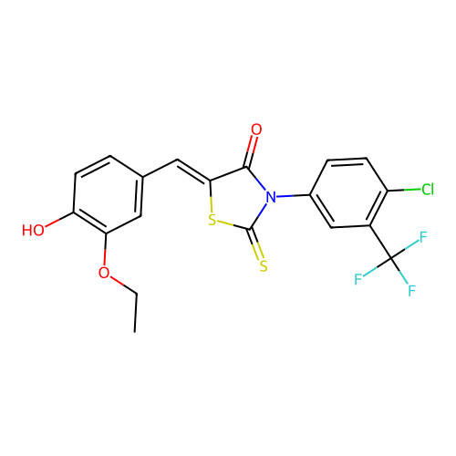 (Z)-3-(4-chloro-3-(trifluoromethyl)phenyl)-5-(3-ethoxy-4-hydroxybenzylidene)-2-thioxothiazolidin-4-one structure