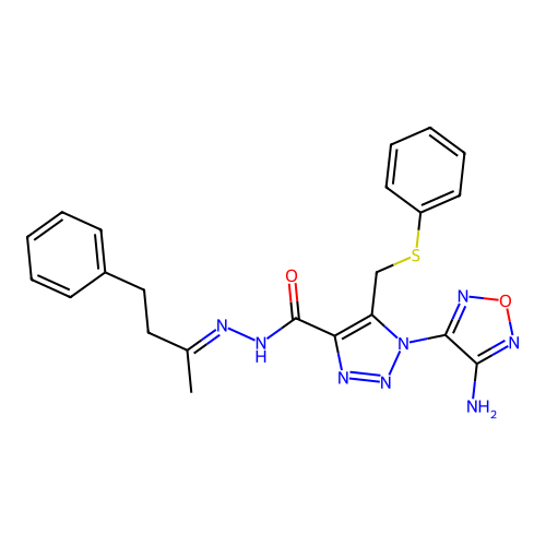 (E)-1-(4-amino-1,2,5-oxadiazol-3-yl)-N'-(4-phenylbutan-2-ylidene)-5-((phenylthio)methyl)-1H-1,2,3-triazole-4-carbohydrazide structure