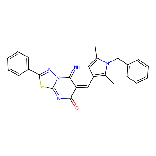 (E)-6-((1-benzyl-2,5-dimethyl-1H-pyrrol-3-yl)methylene)-5-imino-2-phenyl-5H-[1,3,4]thiadiazolo[3,2-a]pyrimidin-7(6H)-one structure
