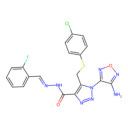 (E)-1-(4-amino-1,2,5-oxadiazol-3-yl)-5-(((4-chlorophenyl)thio)methyl)-N'-(2-fluorobenzylidene)-1H-1,2,3-triazole-4-carbohydrazide structure