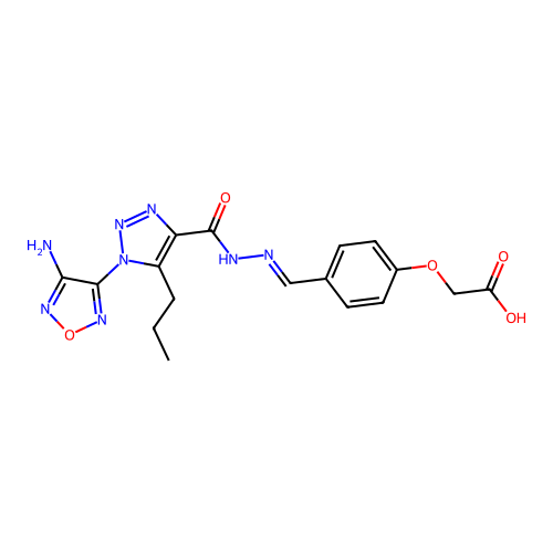 (E)-2-(4-((2-(1-(4-amino-1,2,5-oxadiazol-3-yl)-5-propyl-1H-1,2,3-triazole-4-carbonyl)hydrazono)methyl)phenoxy)acetic acid structure