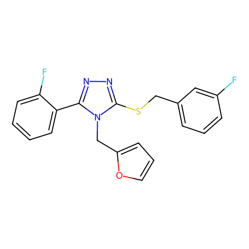 3-((3-fluorobenzyl)thio)-5-(2-fluorophenyl)-4-(furan-2-ylmethyl)-4H-1,2,4-triazole structure